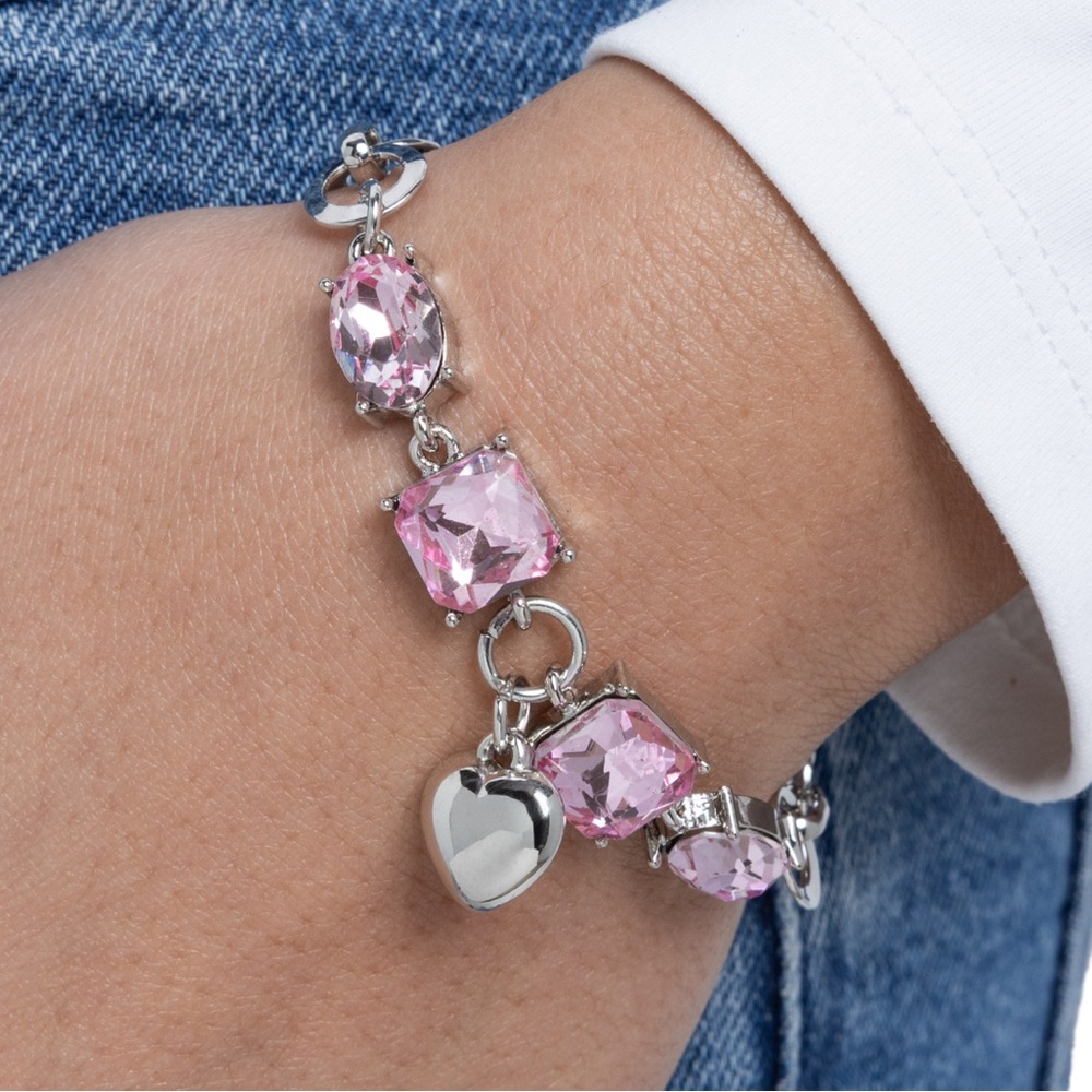 NWT Silver/Pink Heart & Rhinestones Bracelet